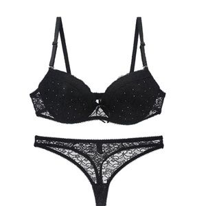 Black Lace Rhinestone Bra & Panty Set